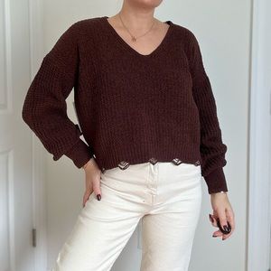 Chocolate Brown Distressed Hem Soft Chenille Sweater
